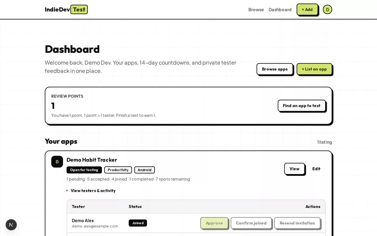 Dashboard demo page with review points, a listed app, and a table of accepted testers