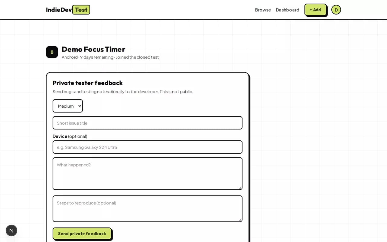 Private tester feedback form with severity, title, device, and details fields