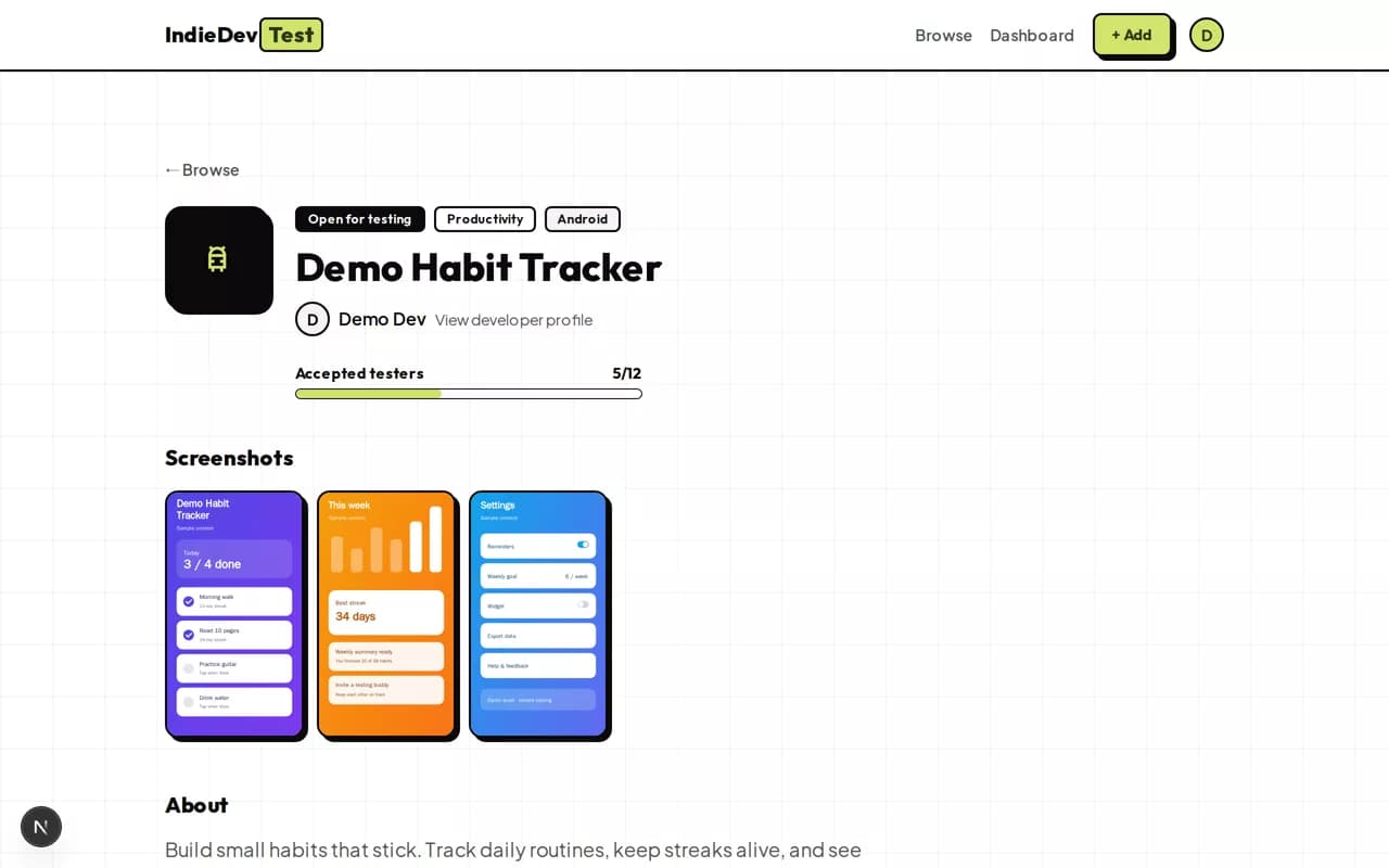 App listing demo page with badges, open tester spots progress, app screenshots, and a join prompt