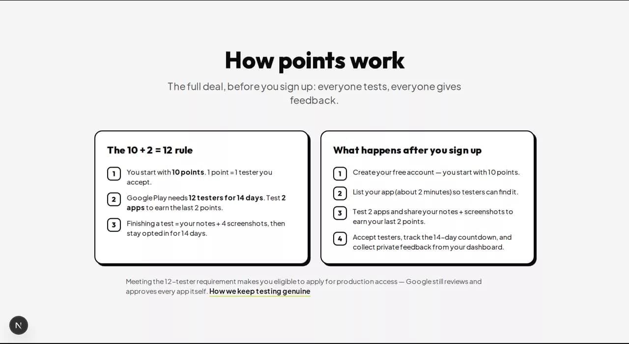How points work section explaining the 10 plus 2 equals 12 tester rule